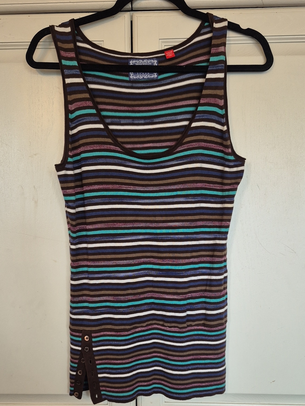 Esprit Brown Striped Tank with Teal, Purple & White Accents Y2K VTG